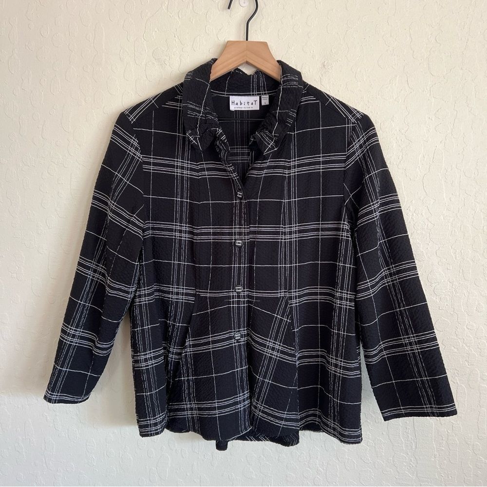 Habitat Plaid Long Sleeve Button Down Shirt Small Black White Artsy Lagenlook